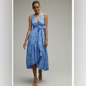 Anthropologie Maeve Eyelet Wrap Midi Dress Blue size 6 Side pocket